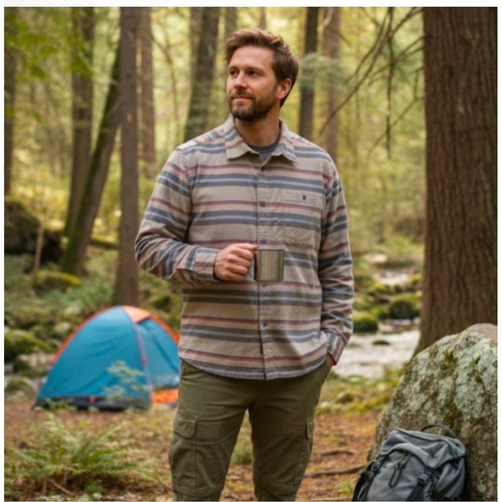Mountain Hardwear Mens Striped Long Sleeve Button‎ Down Shirt Med Gray Red Blue